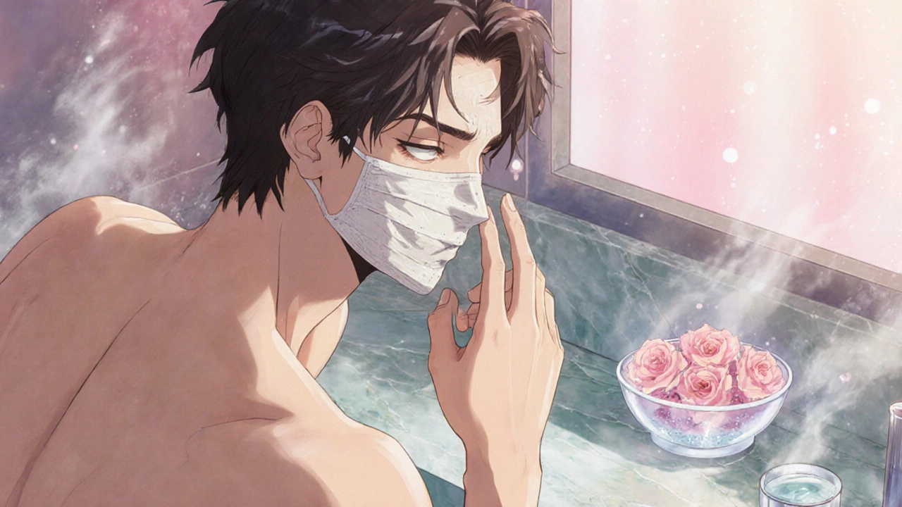 Bishounen appliquant un masque au carbonate de calcium, lisse et mat, dans une salle de bain spa.