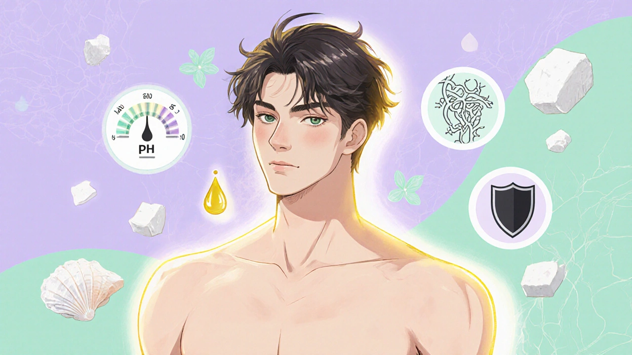 Bishounen au teint éclatant avec icônes flottantes montrant les bienfaits du carbonate de calcium.