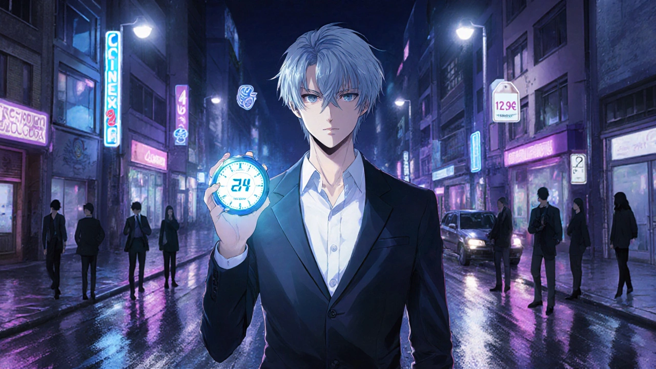 Bishounen de Clarinex sur une rue nocturne, montrant durée 24 h et prix sans somnolence.