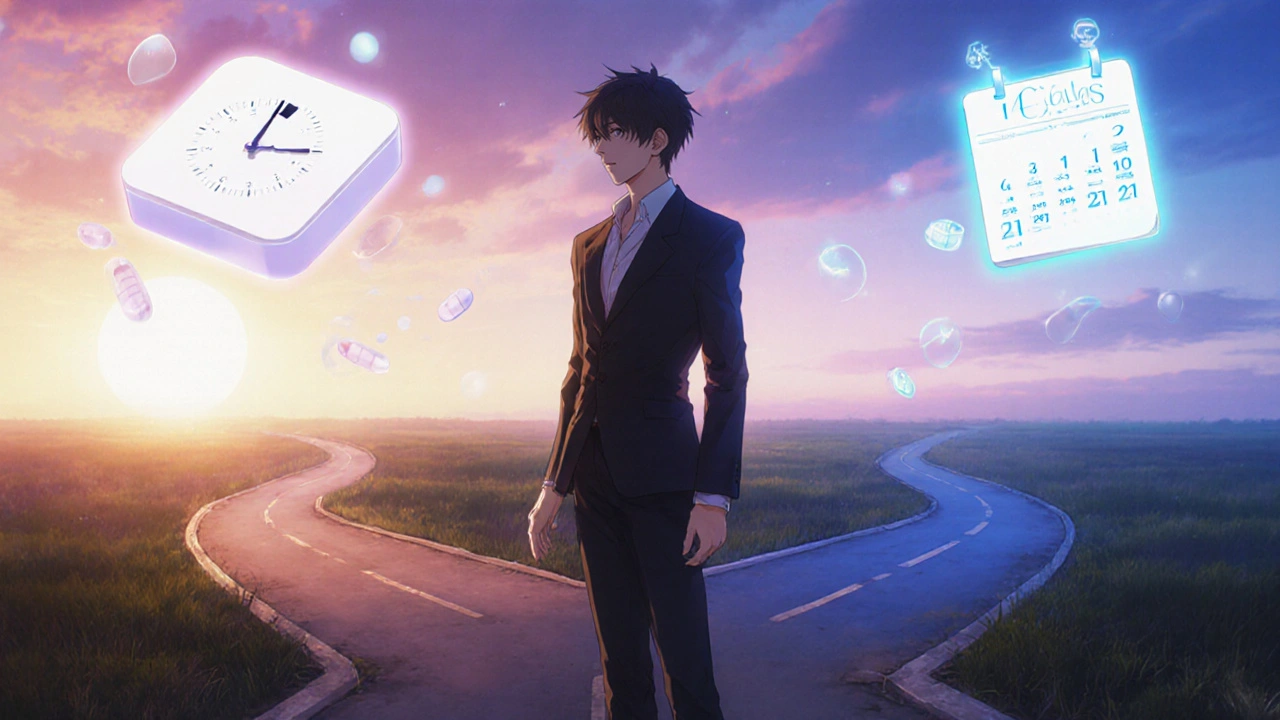 Bishounen se tient à un carrefour, reflet des choix rapides ou longue durée.