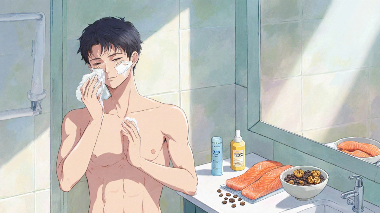Bishounen suivant une routine de soins avec nettoyage, hydratation, protection solaire et aliments riches en oméga‑3.