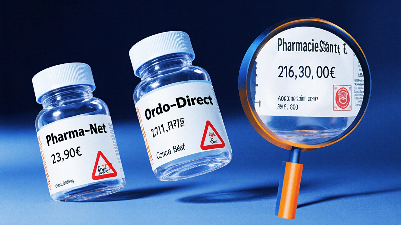 Bouteilles de médicaments avec prix flottants, loupe et avertissement sur les contrefaçons.