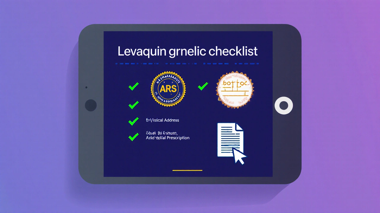 Capture d'écran illustrée d'une checklist de sécurité avec sceau ARS, badge e‑pharmacy et icône de téléchargement d'ordonnance.