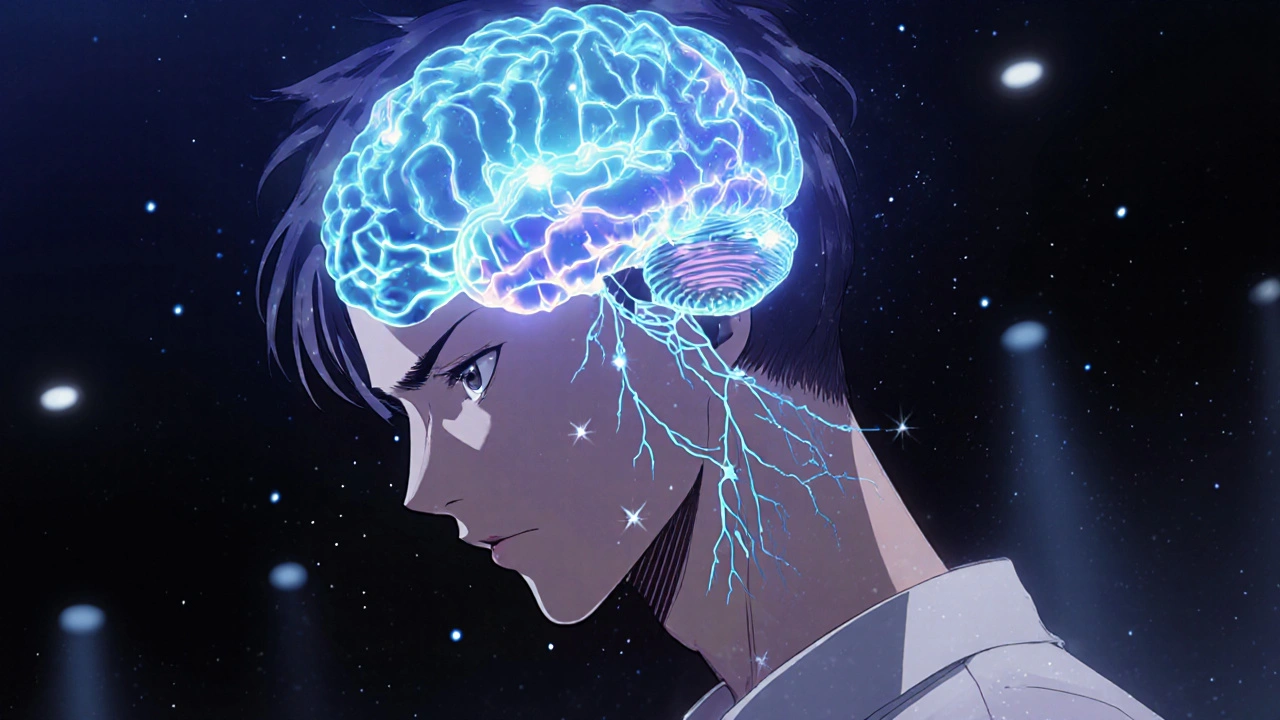 Cerveau stylisé en anime montrant l’activation du cortex préfrontal chez le personnage sous atomoxétine.