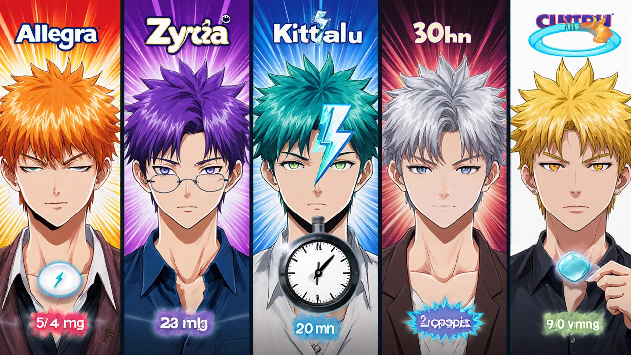 Cinq personnages bishounen représentant différents antihistaminiques avec leurs effets.