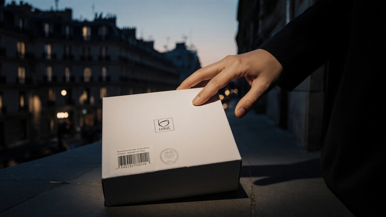 Colis discret livré à la porte, emballage neutre et main ouvrant le paquet en toute confidentialité.