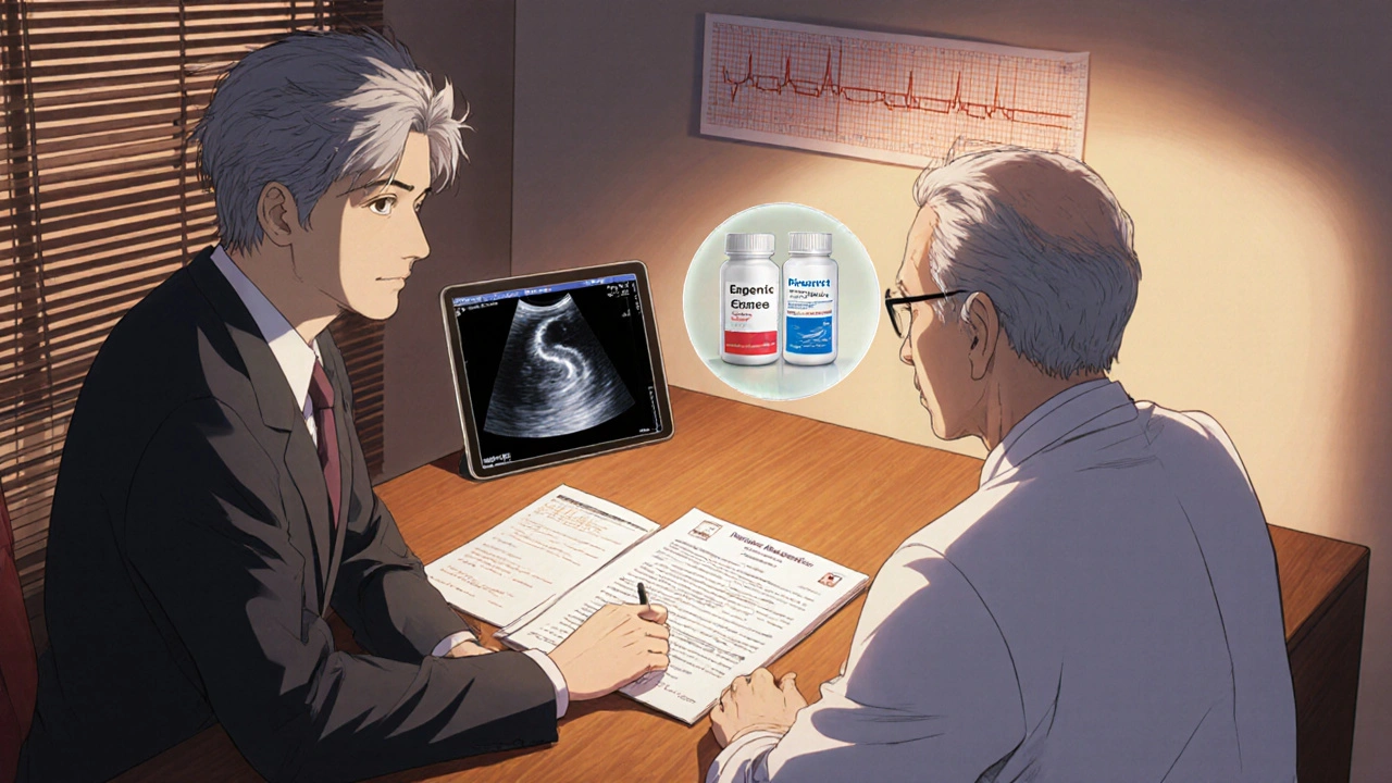 Consultation rassurante entre le docteur bishounen et un patient âgé, avec rapport TPMT et échocarde.