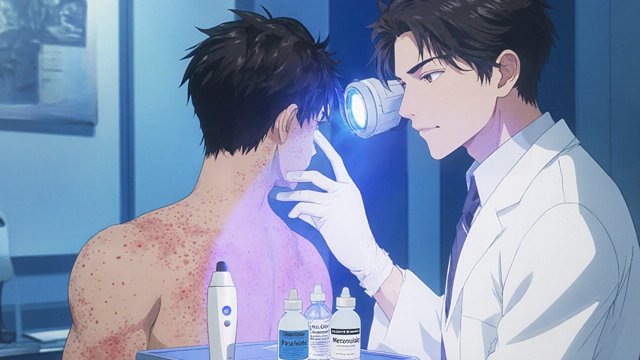 Dermatologue bishounen examinant un patient avec lampe de Wood et outils de traitement.