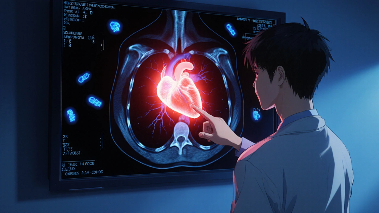 Docteur bishounen observant une IRM cardiaque rouge montrant un œdème myocardique.