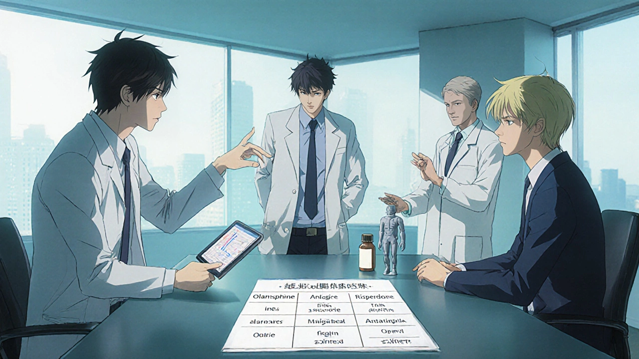 Équipe médicale bishounen discutant du traitement et des alternatives à l&#039;olanzapine.