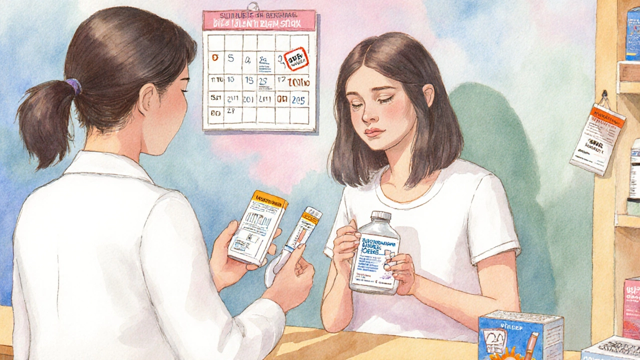 Femme à la pharmacie, tenant une boîte d&#039;isotrétinoïne, un test de grossesse et une crème solaire, avec un calendrier de suivi.