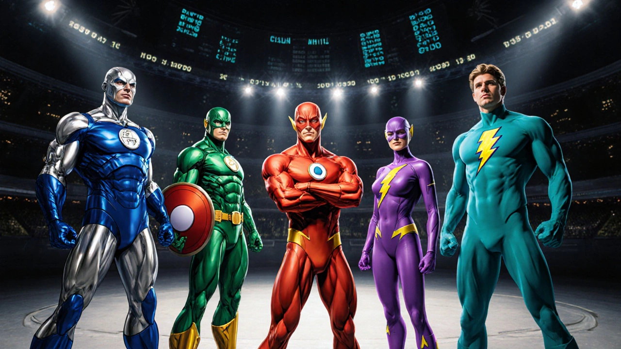 Five PDE5 inhibitor superheroes in dynamic poses battling in a futuristic arena.