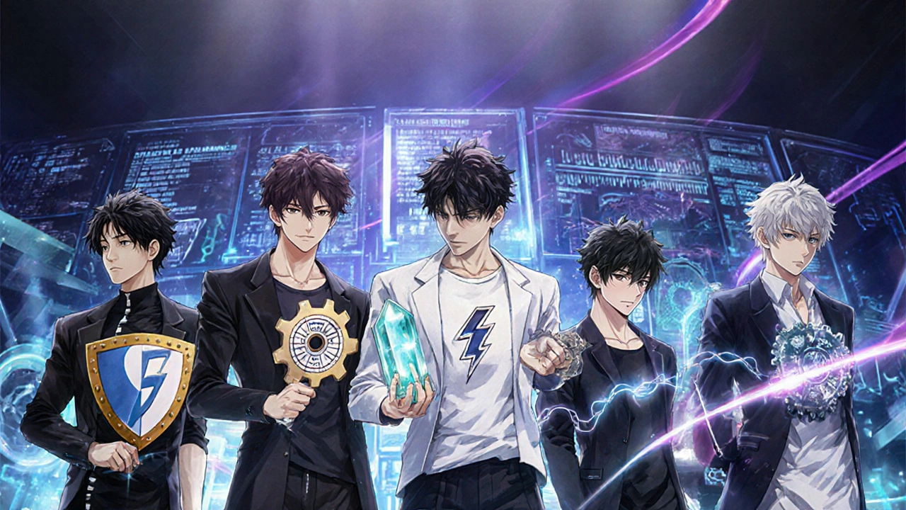 Groupe de six personnages bishounen illustrant différents médicaments antituberculose, chacun avec un symbole unique.