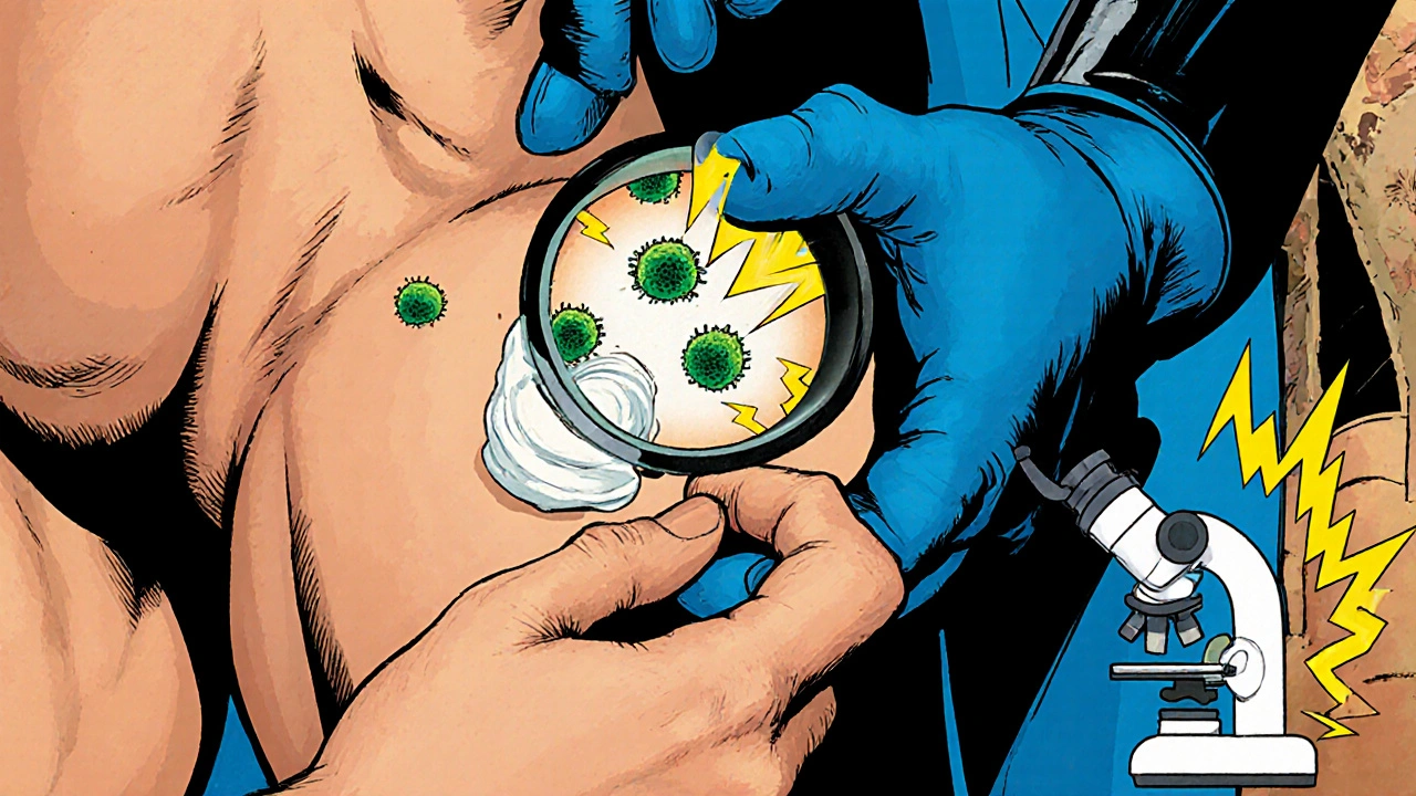 Héros appliquant de la crème sur la zone inguinale, les spores fongiques éclatent sous des éclairs jaunes.