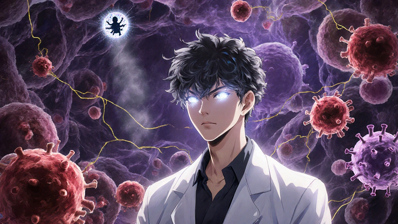 Homme apaisé influençant les cellules immunitaires, réduisant l&#039;inflammation par un changement de pH.