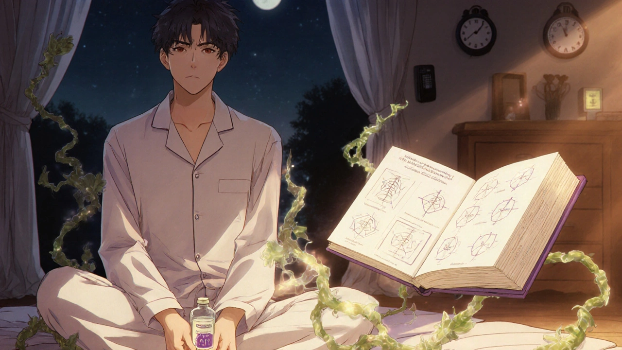 Homme assis au sol, tenant du magnésium, des racines de valériane l&#039;entourent, un livre sur la TCC-I flotte près de lui.