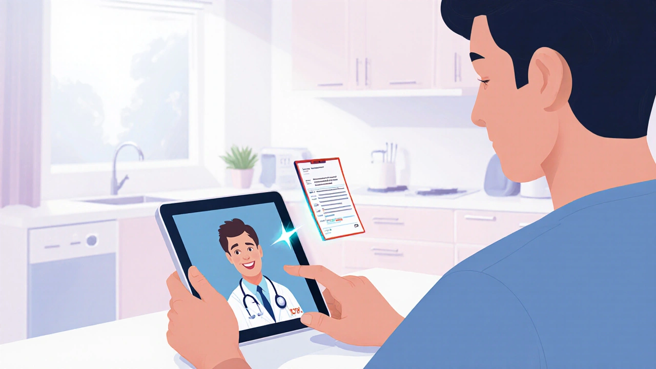 Homme en téléconsultation médicale, échange vidéo avec médecin et réception d’une prescription numérique.