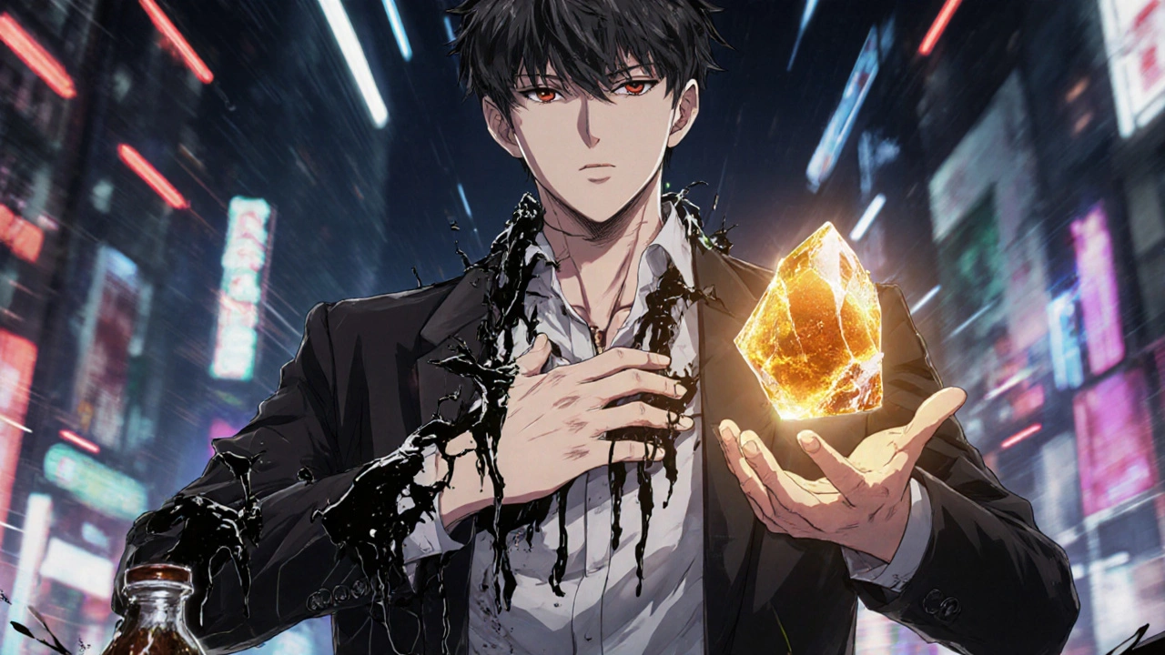 Homme serrant sa poitrine tandis que des tentacules sombres s&#039;échappent d&#039;une bouteille de shilajit contaminé, une version pure brille à côté.