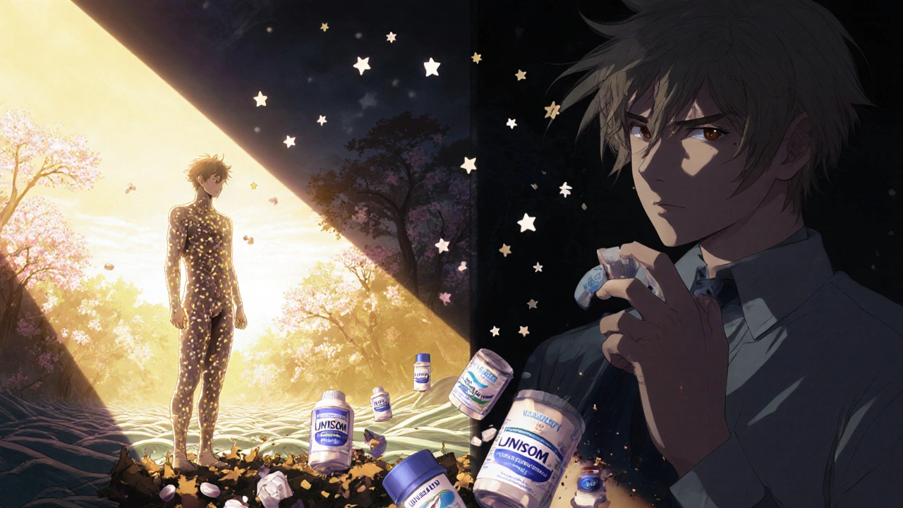 Homme transformé en version lumineuse dans une forêt au lever du soleil, les pilules d&#039;Unisom se transforment en cendres à ses pieds.