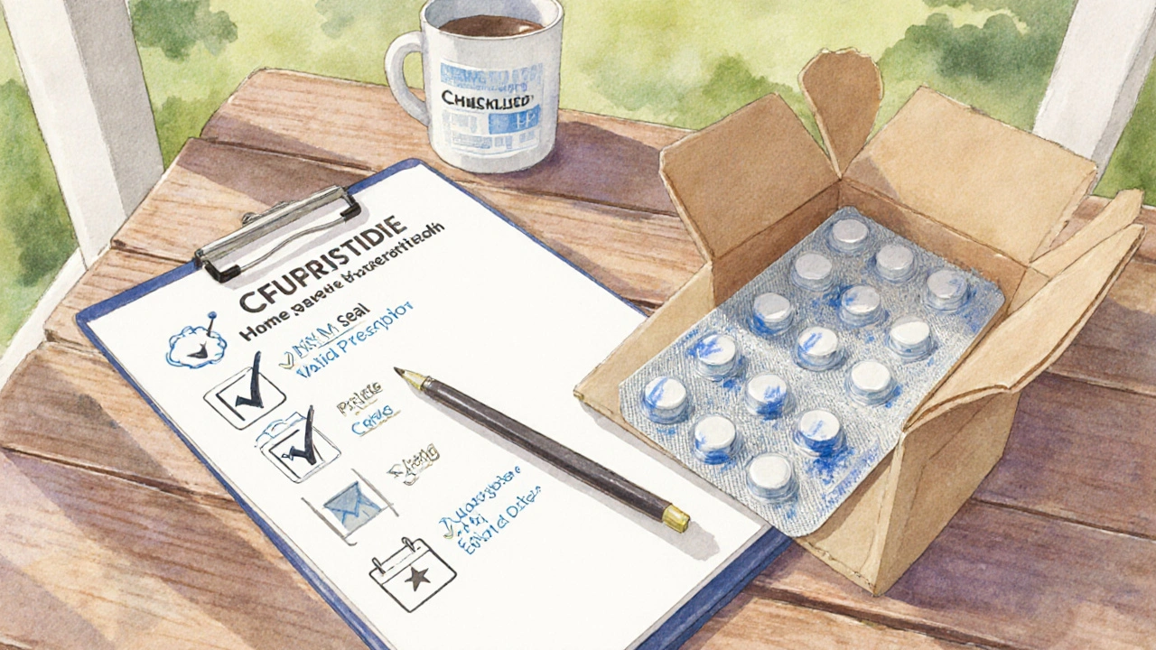 Illustration d&#039;une checklist à côté d&#039;une boîte ouverte contenant le blister du Lasix générique.