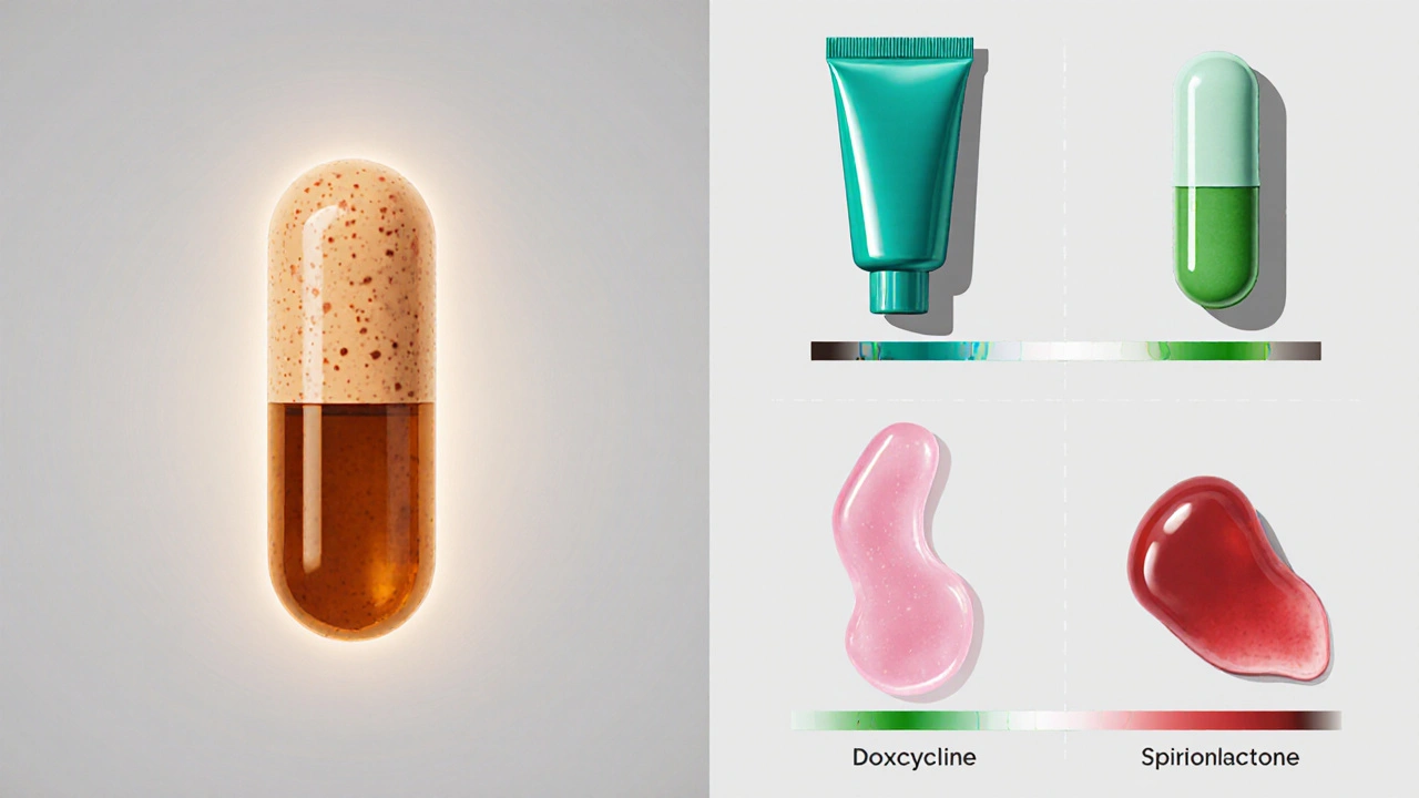 Illustration montrant une capsule d&#039;isotrétinoïne à côté de tubes et comprimés d&#039;adapalène, doxycycline, spironolactone et peroxyde de benzoyle.