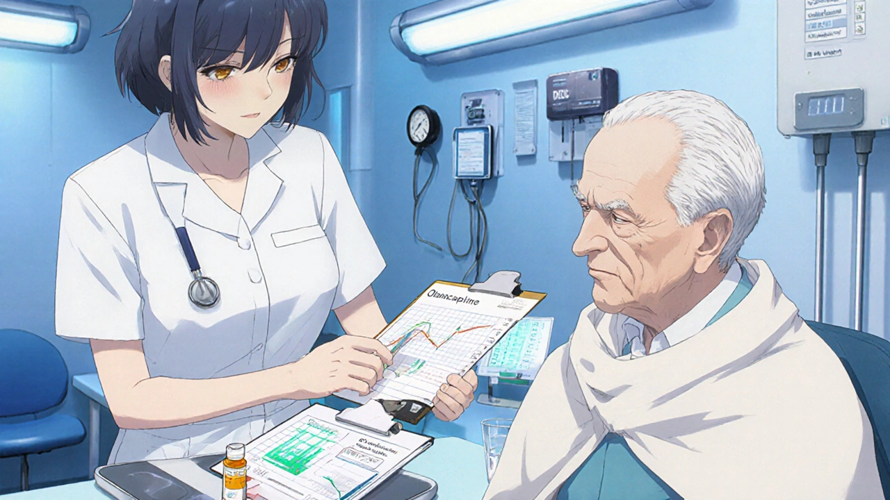 Infirmier bishounen mesurant le poids et contrôlant la glycémie d&#039;un senior à côté de l&#039;olanzapine.