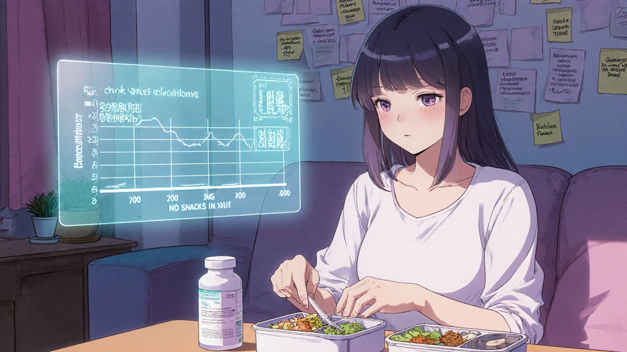 Jeune femme préparant des repas équilibrés, avec des rappels comportementaux flottants et une bouteille de médicament à côté.