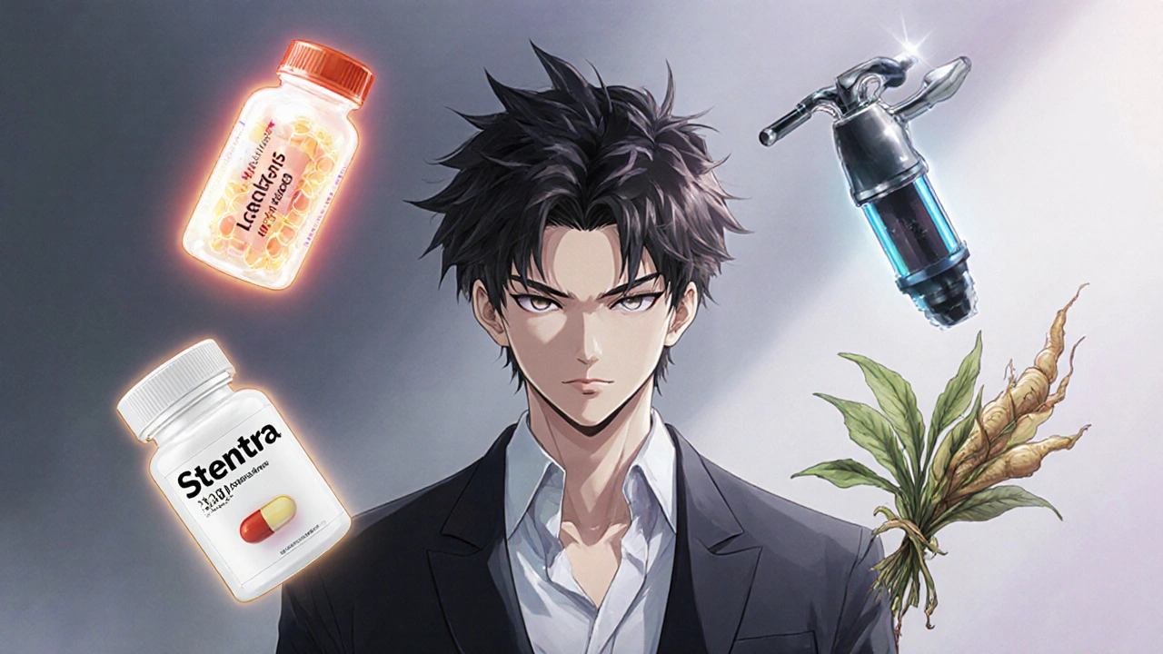 Le même personnage entouré de pilules, pompe à vide et plantes médicinales.