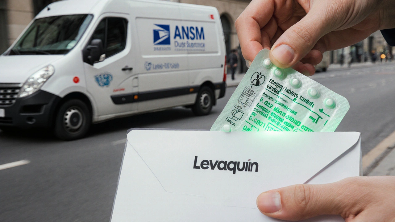 Main ouvrant un colis contenant un blister de Levaquin générique, avec numéro de lot et logo ANSM visibles.