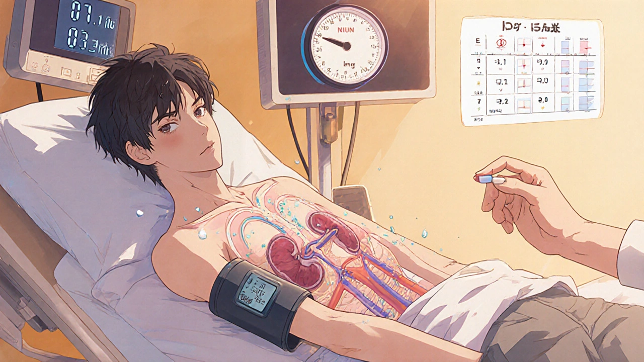 Patient bishounen lors d&#039;un test d&#039;inclinaison, avec reins transparents et icônes de dosage.