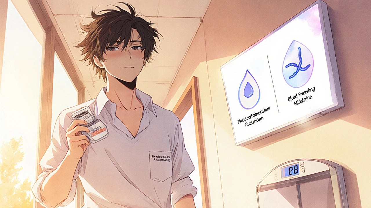 Patient bishounen marchant, tenant une pilule, avec affichage comparatif fludrocortisone/midodrine.