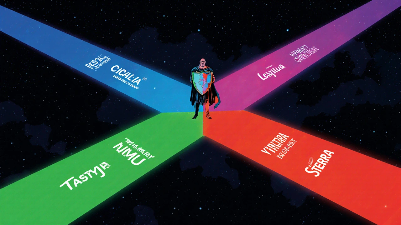 Patient hero at a crossroads choosing between colored paths symbolizing different drugs.
