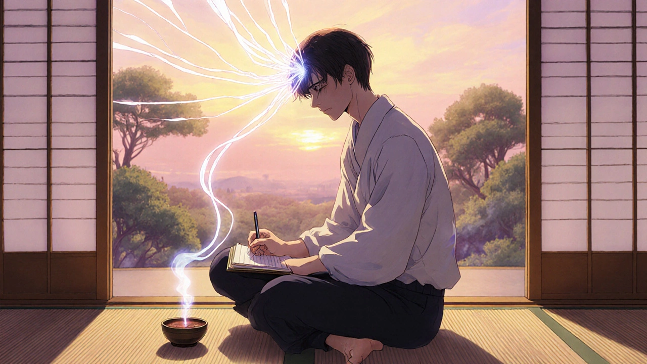Personnage bishounen écrivant dans un journal, pratiquant la pleine conscience sous une lumière apaisante.