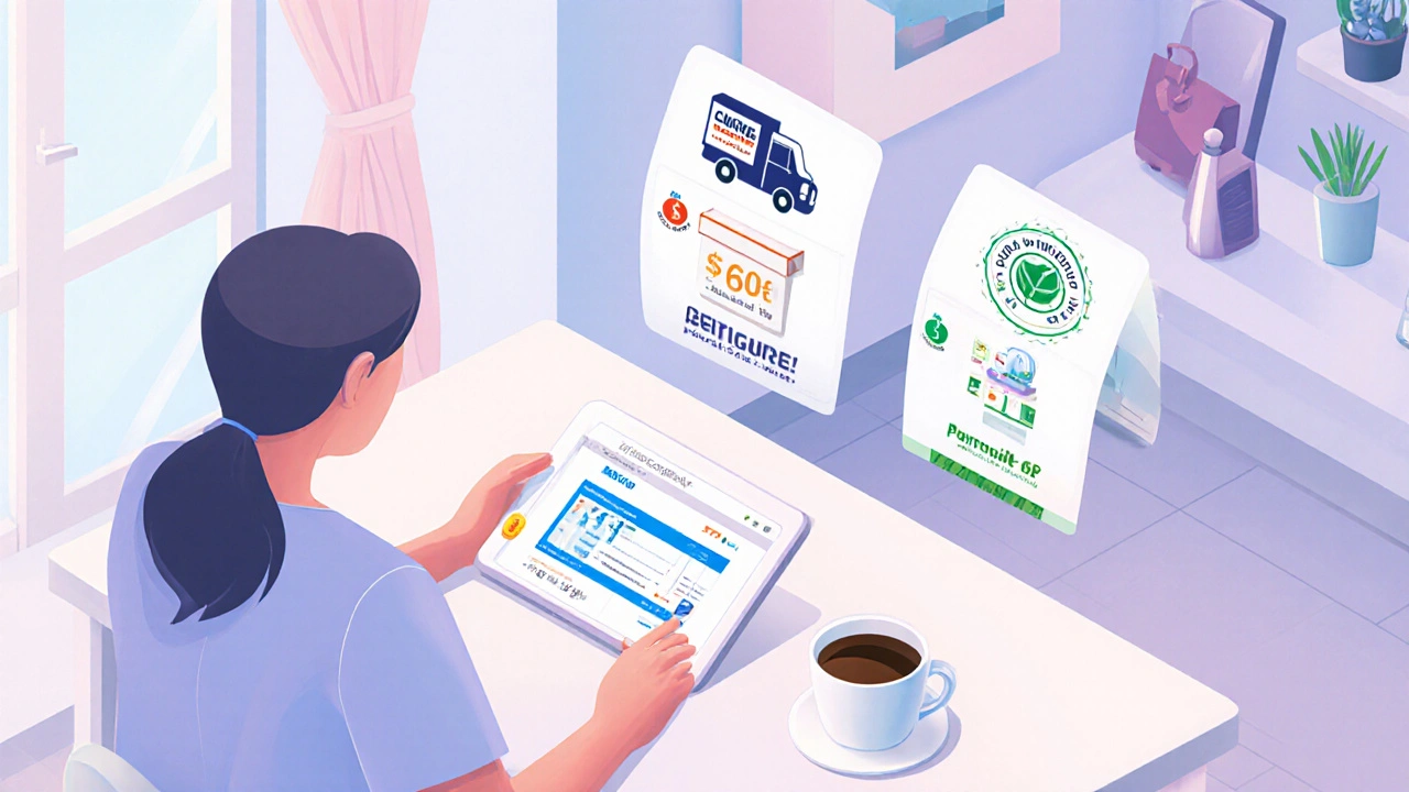 Personne comparant trois pharmacies en ligne sur une tablette.