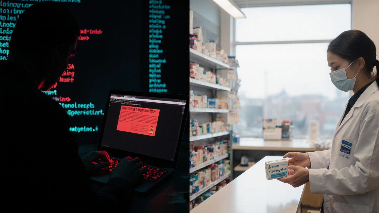 Scène divisée montrant d'un côté un site douteux, de l'autre une pharmacie certifiée.
