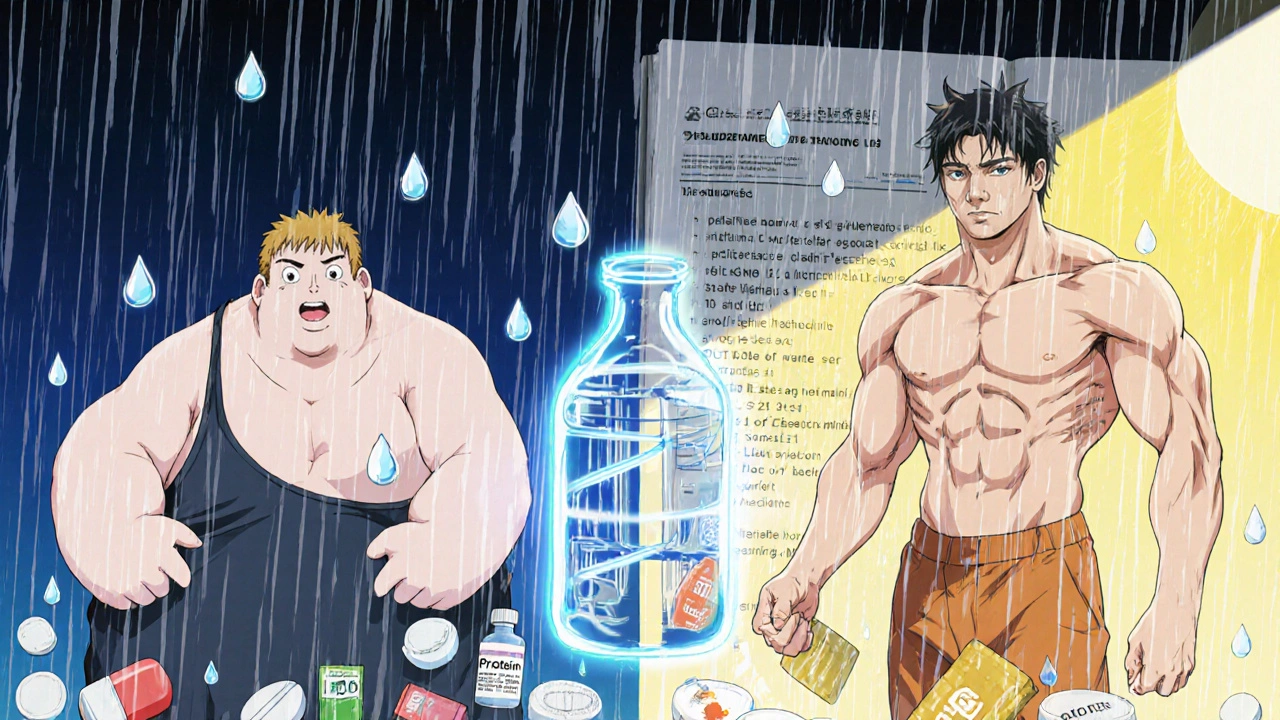 Transformation d&#039;un patient entre deux versions de soi, reliées par un pont de saines habitudes, sous un ciel contrasté.