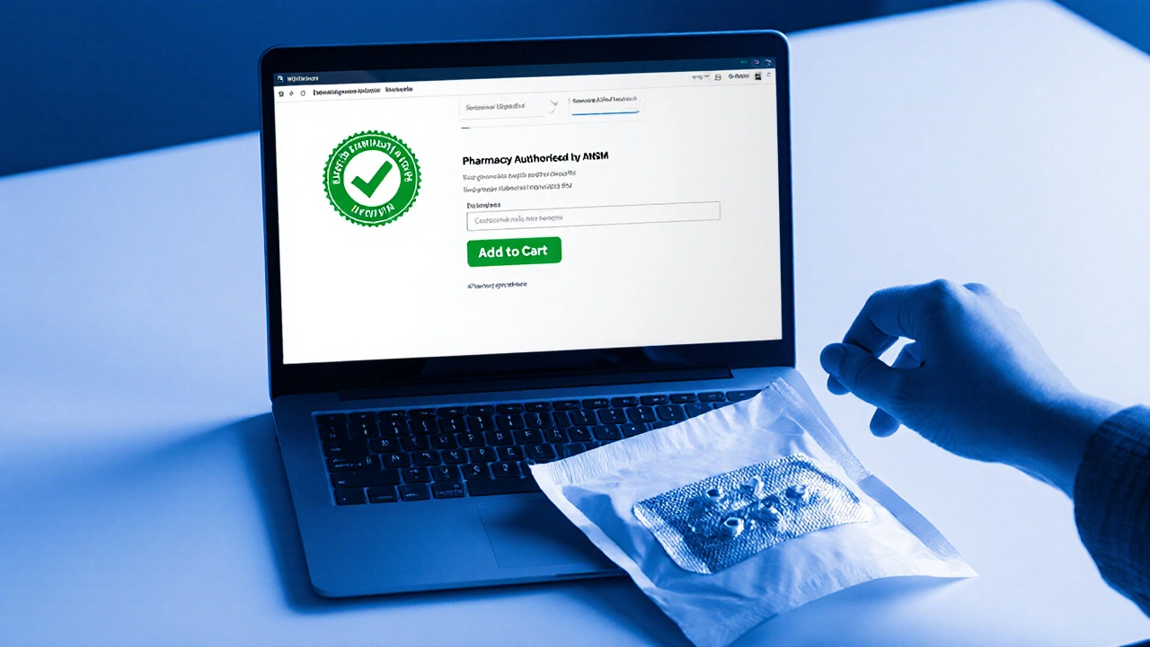 Vue du dessus d&#039;un ordinateur affichant un site de pharmacie en ligne autorisée et une boîte thermo‑isolée.