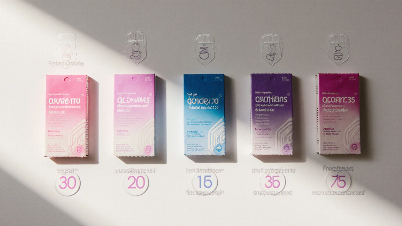 Vue en plan de cinq boîtes de pilules (Yasmin, Yaz, Microgynon, Qlaira, Diane 35) avec icônes de dosage.