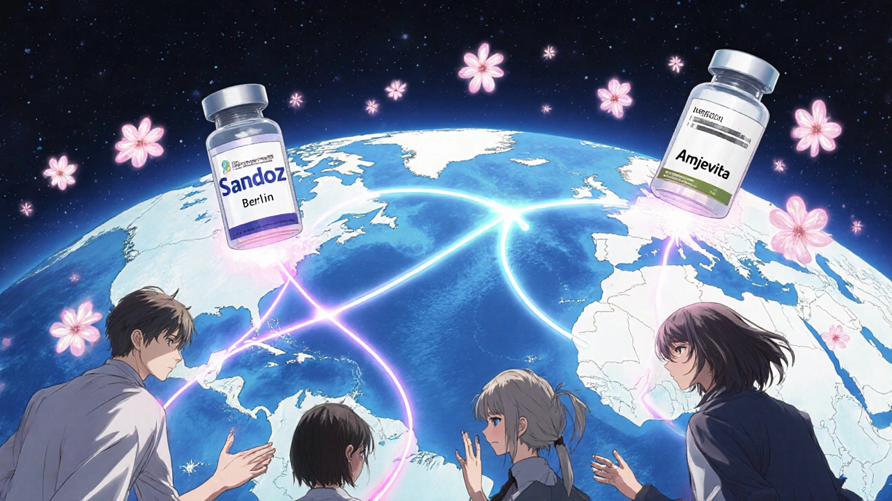 Carte mondiale montrant les biosimilaires reliant l&#039;Europe et les États-Unis.