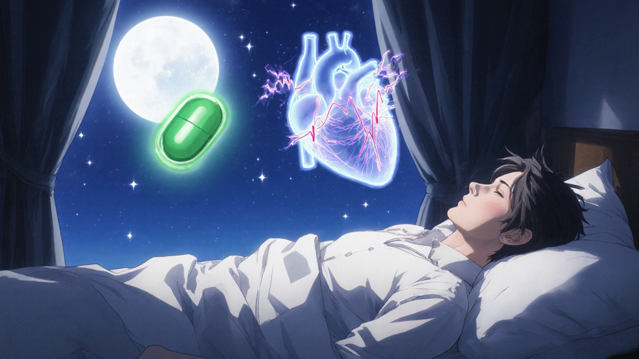 Cœur fantôme en train de fibriller au-dessus d&#039;un homme endormi, une pilule sûre flottant à côté.