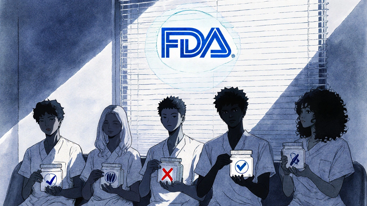 Des patients dans une salle d&#039;attente, chacun tenant un médicament, un rayon de lumière révèle les comprimés sûrs et dangereux.