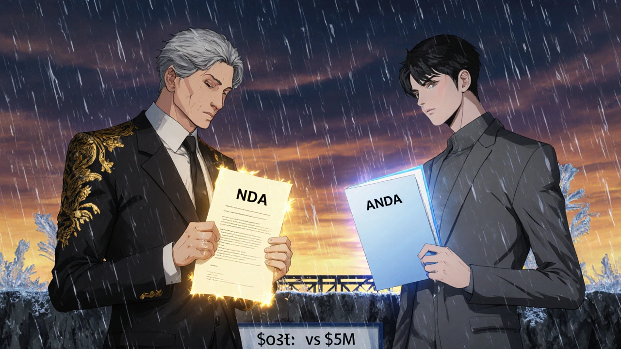 Deux développeurs de médicaments face à face, l&#039;un avec un dossier NDA doré, l&#039;autre avec un dossier ANDA bleu.