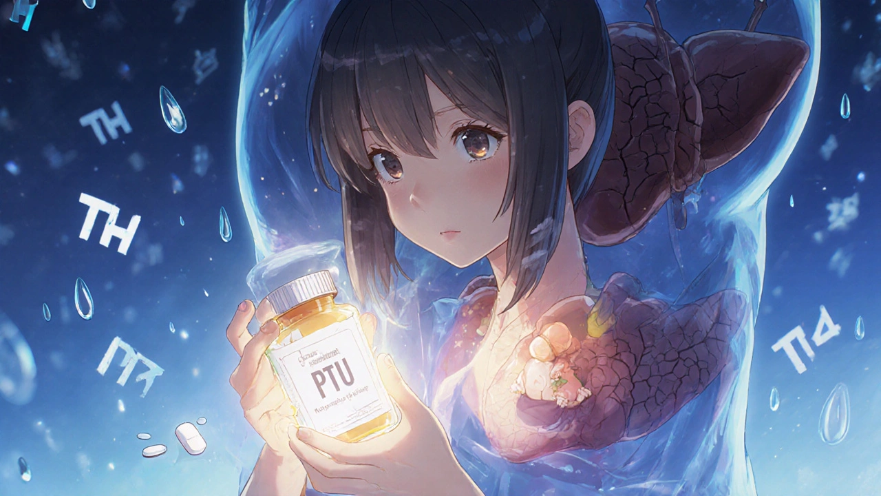 Femme enceinte tenant une pilule PTU, foie sombre derrière elle, fœtus protégé, lumière douce, style manga.