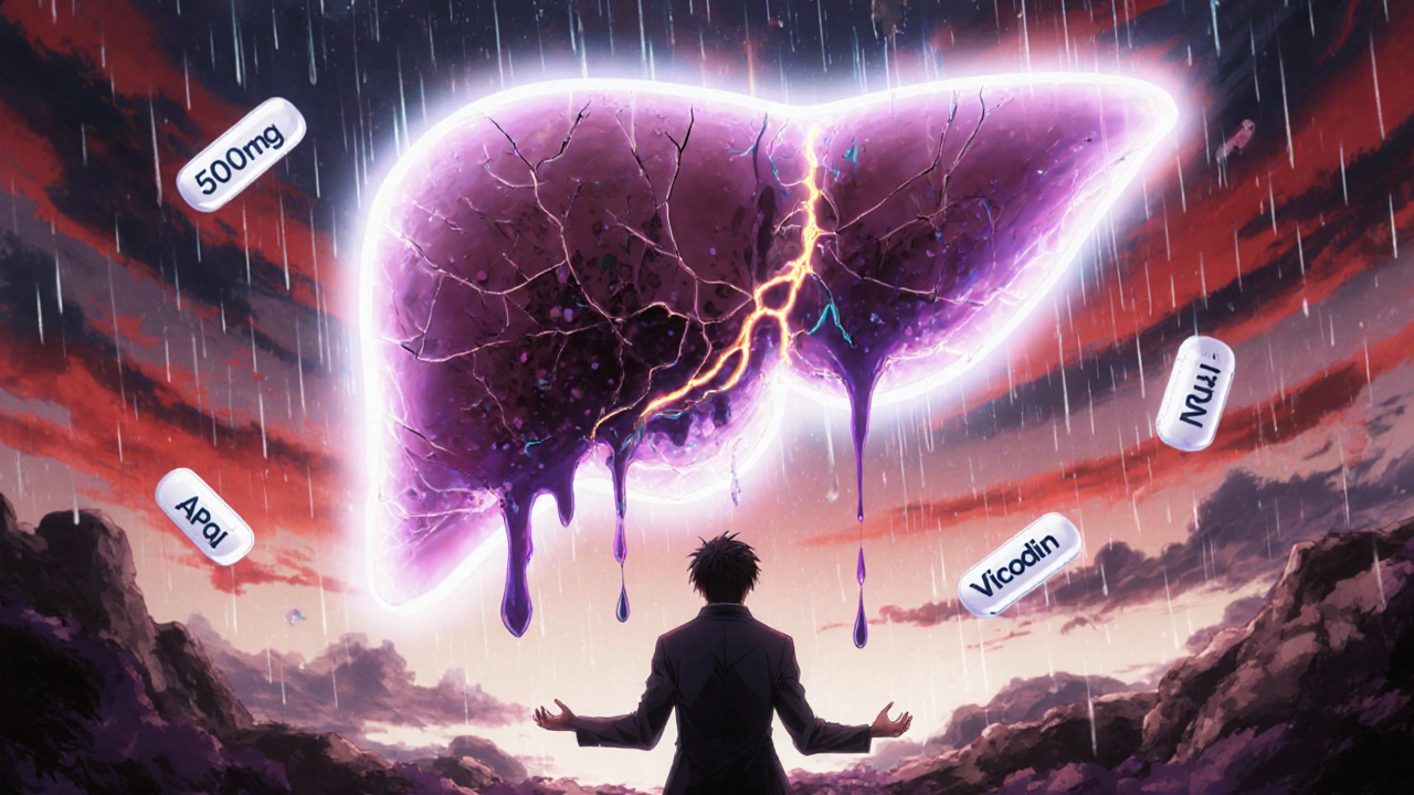 Foie brillant et endommagé flottant dans un paysage onirique, avec des comprimés toxiques et un fil de glutathion rompu.