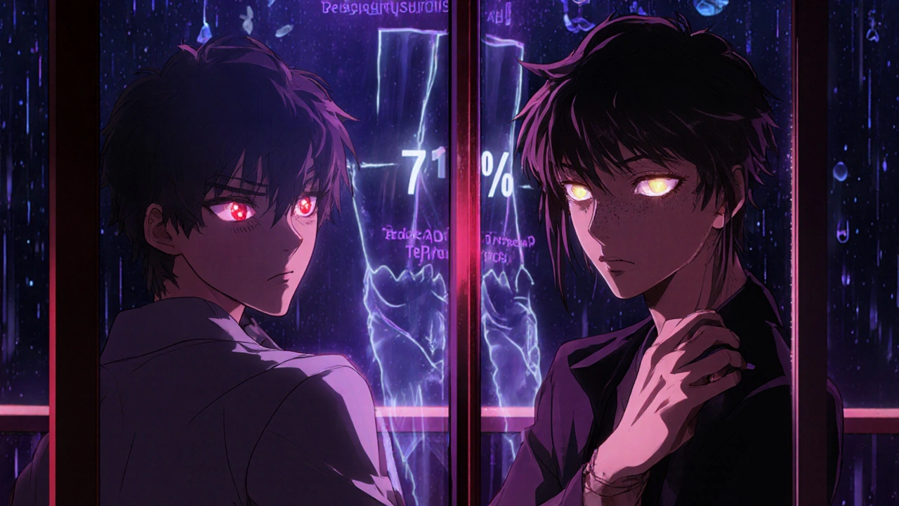 Homme aux yeux saillants devant un miroir, trois reflets, écran holographique derrière lui, style bishounen anime.