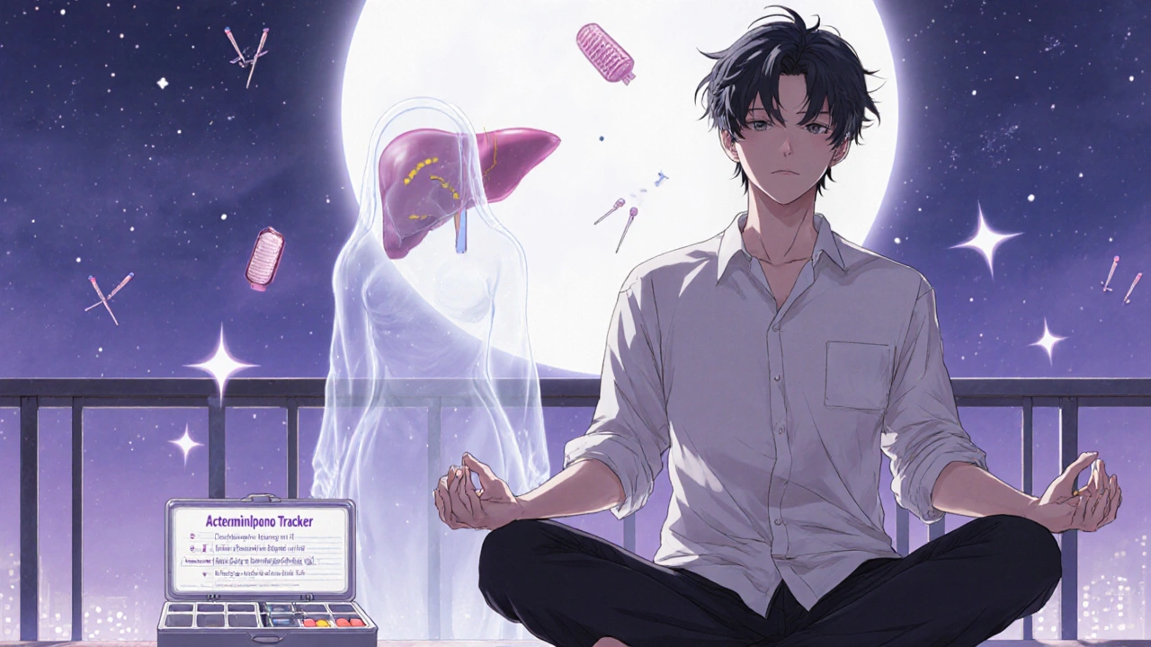 Homme en yoga sous la lune, boîte de suivi des comprimés à ses côtés, foie endommagé se dissipant en étoiles.