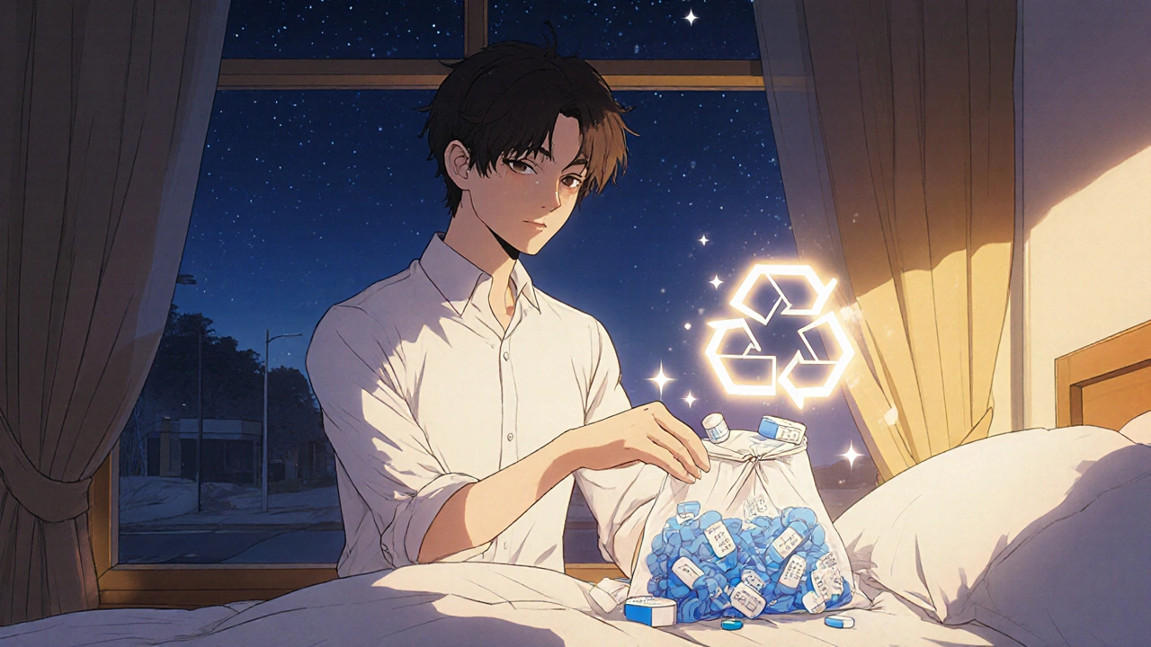 Homme range des médicaments périmés dans un sac, une lueur sécurisante entoure les comprimés encore sûrs.