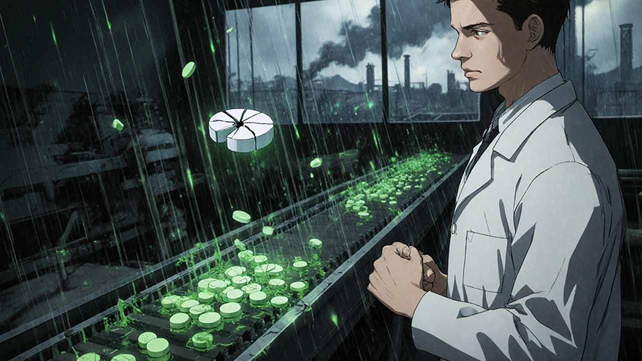 Ingénieur dans une usine pharmaceutique observant des comprimés défectueux sur un tapis roulant, des contaminants verts s&#039;échappent de la machine.