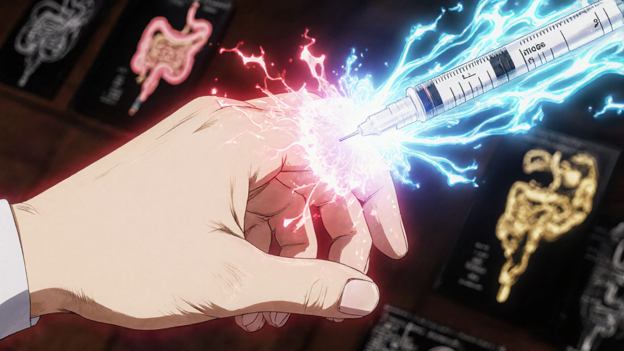 Injection de méthylnaltrexone avec des ondes énergétiques bloquant les récepteurs opioïdes dans l&#039;intestin, tout en préservant l&#039;effet analgésique cérébral.