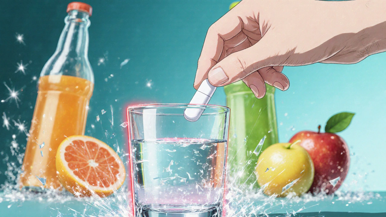 Main posant un comprimé d&#039;Allegra dans de l&#039;eau, des jus de fruits se brisent en arrière-plan.